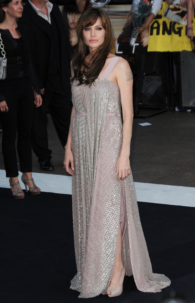 Angelina Jolie, gray silver floor-length dress with pink accents, beige gray peep toe heels